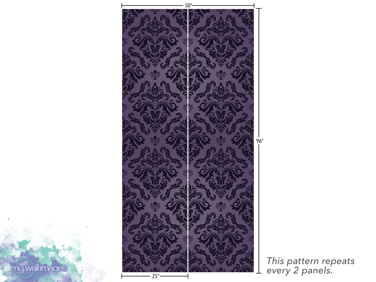 a repeating pattern of a dark purple damask design, with the pattern repeating every 2 panels.