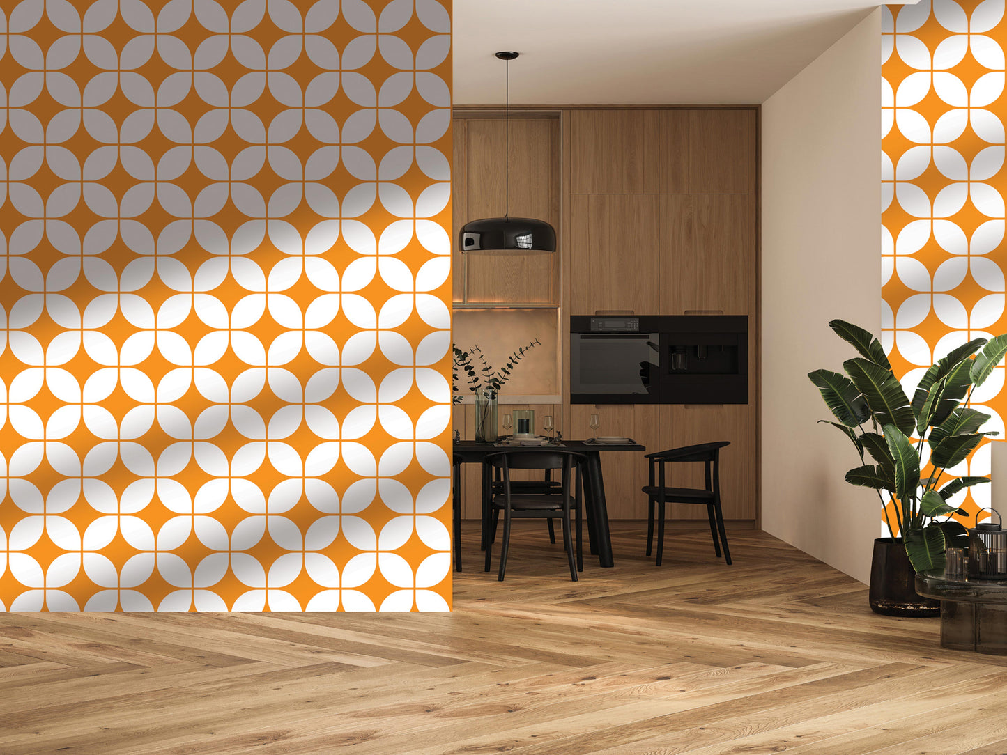 a modern kitchen with a dining area, both adorned with a repeating pattern of orange and white circles on the walls. The kitchen has a wooden floor and includes a dining table with chairs, and a potted plant on the right side.