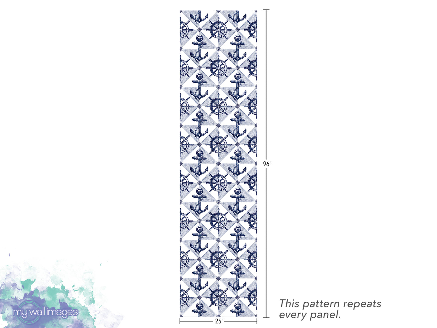 a repeating pattern of anchors and ship wheels on a vertical panel. The pattern repeats every panel, and the image is described as a "repeats every panel" and "25" inches tall.