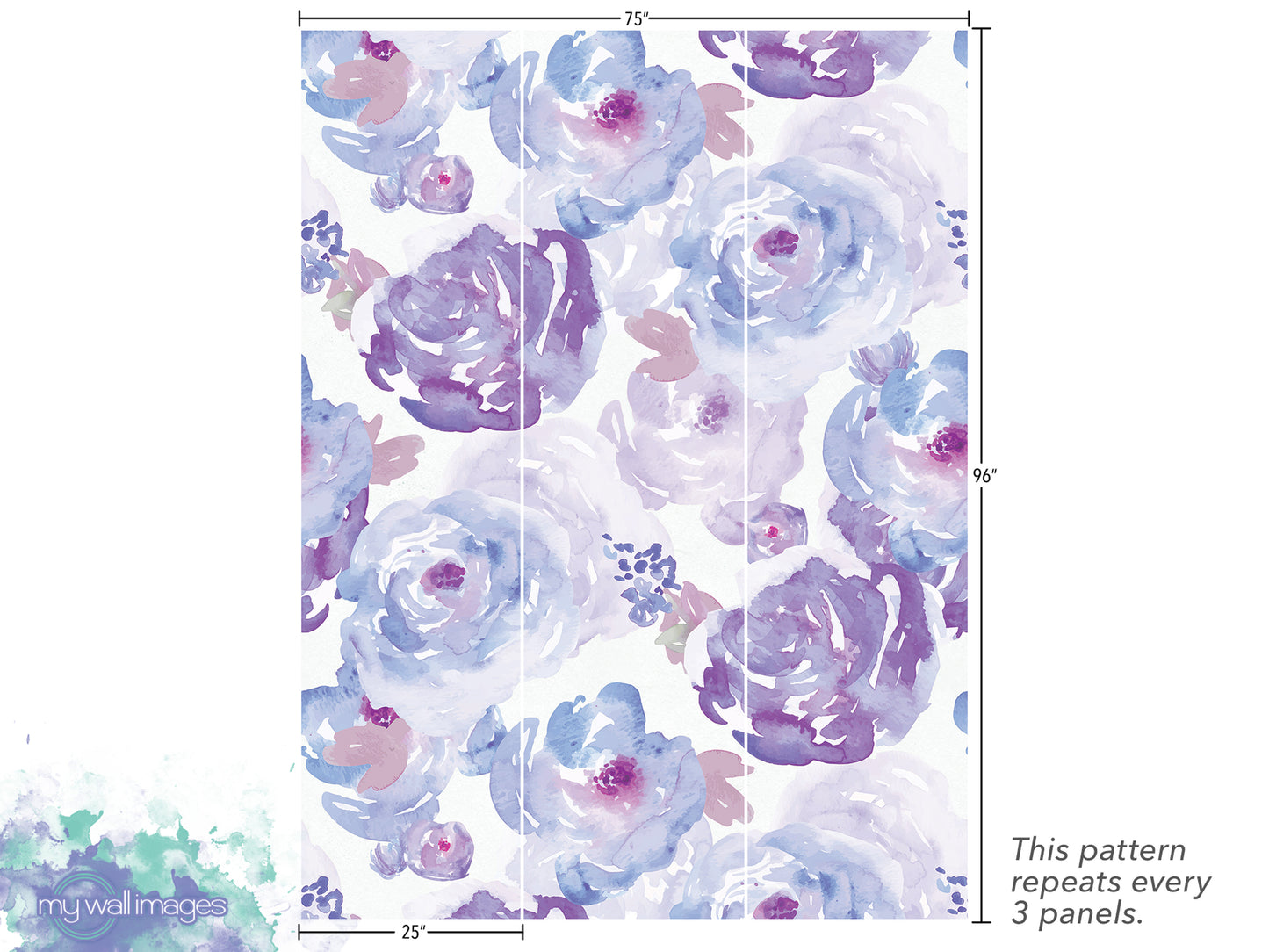 a pattern of purple and blue watercolor flowers, with the pattern repeating every 3 panels.