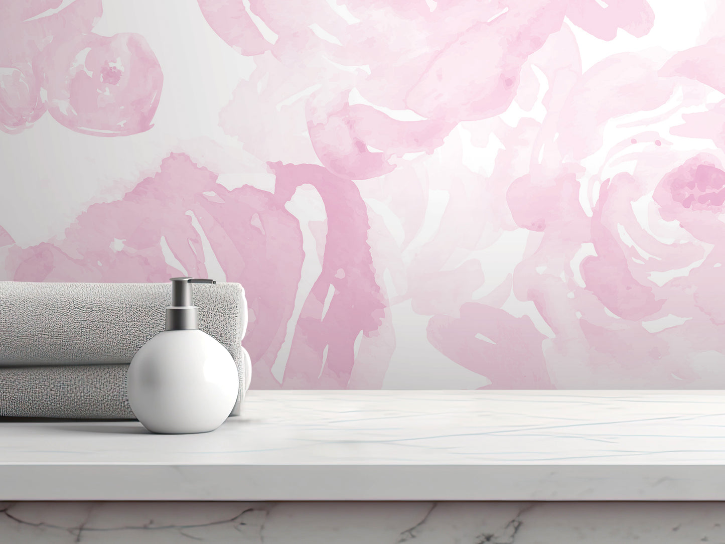 A white soap dispenser sits on a white marble countertop, with rolled towels and a pink watercolor-style wallpaper in the background.