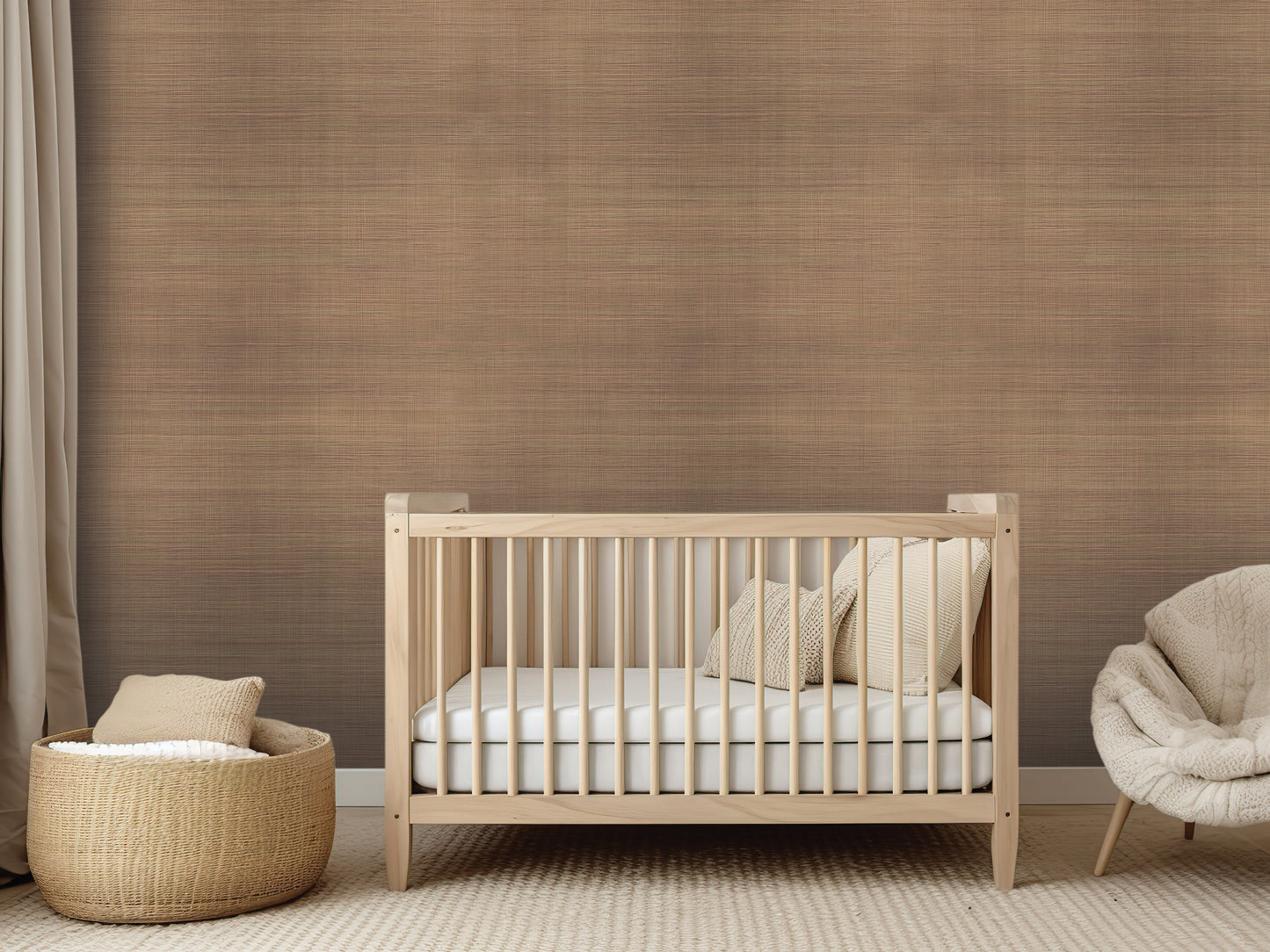 a serene nursery room with a wooden crib, a woven basket, and a plush chair, all arranged against a textured brown wall.
