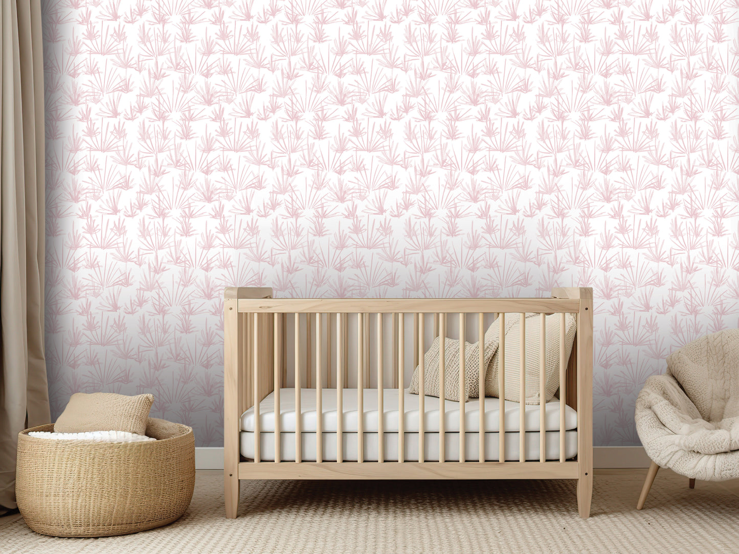 a nursery room with a wooden crib, a woven basket, and a plush chair. The room has a pink and white floral wallpaper, creating a cozy and inviting atmosphere.