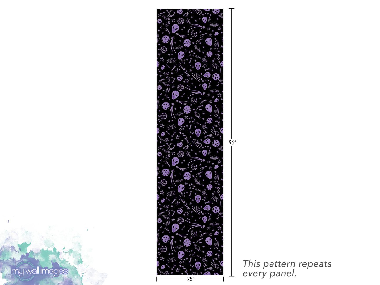The image is a vertical panel with a repeating pattern of purple skulls and other skull-like shapes. The pattern repeats every panel, and the image is described as a "repeats every panel" and "25" inches long.