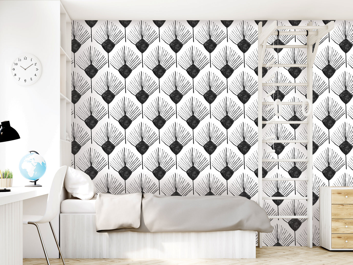 a modern bedroom with a black and white patterned wallpaper, a white bed, and a wooden dresser.