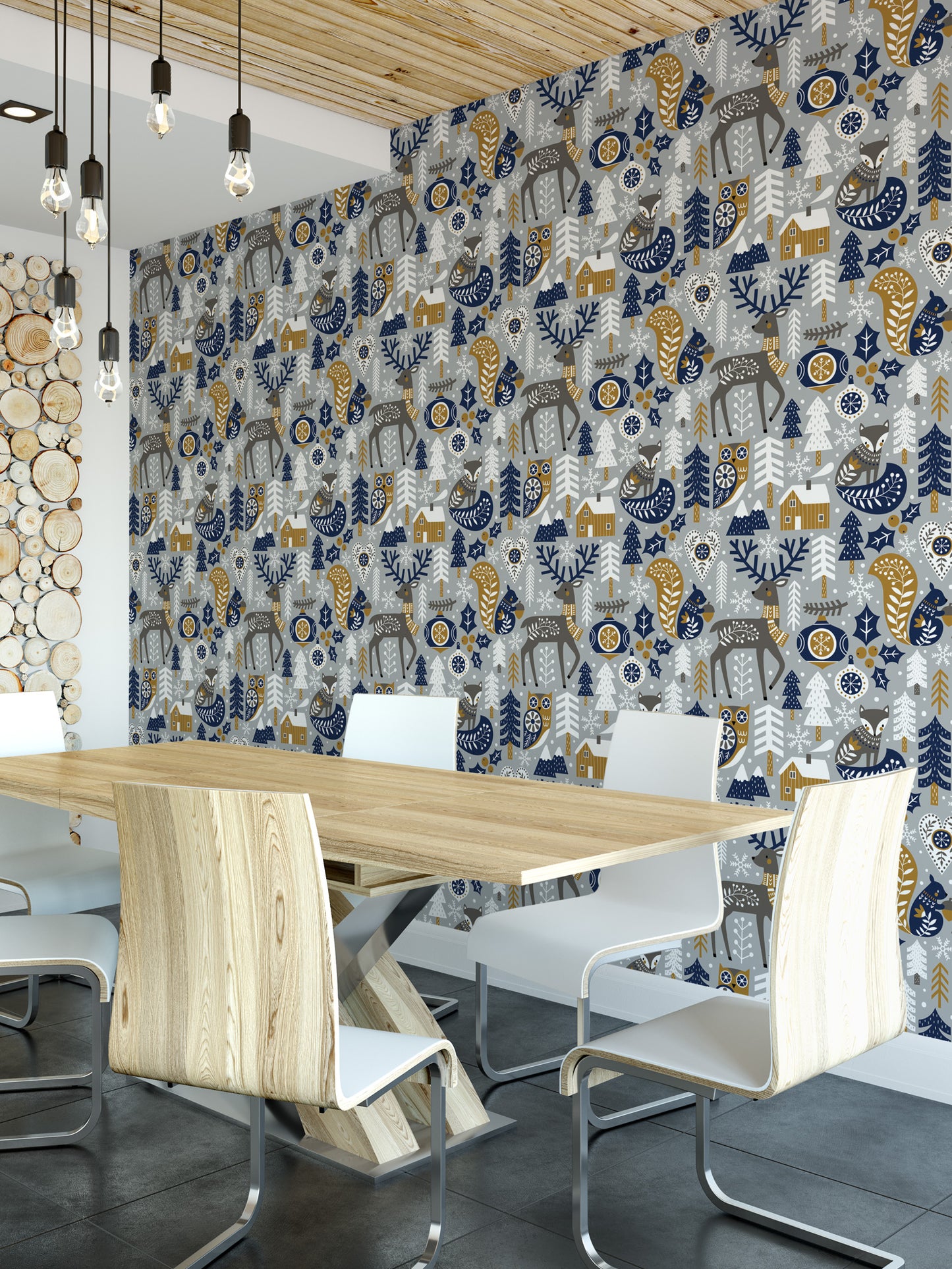 a modern dining room with a wooden table and chairs, a patterned wallpaper on the wall, and hanging lights above the table.