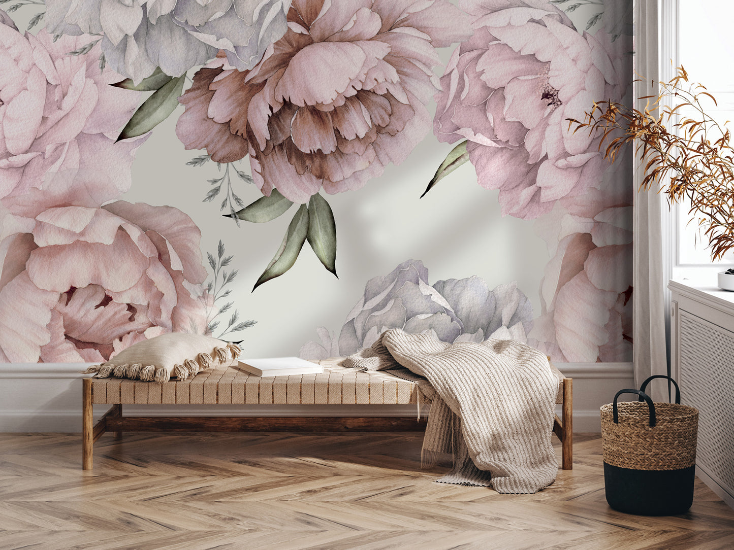 a large floral mural on the wall behind a wooden bench, which is situated in a room with a hardwood floor. The bench is adorned with a blanket and a pillow, creating a cozy and inviting atmosphere.