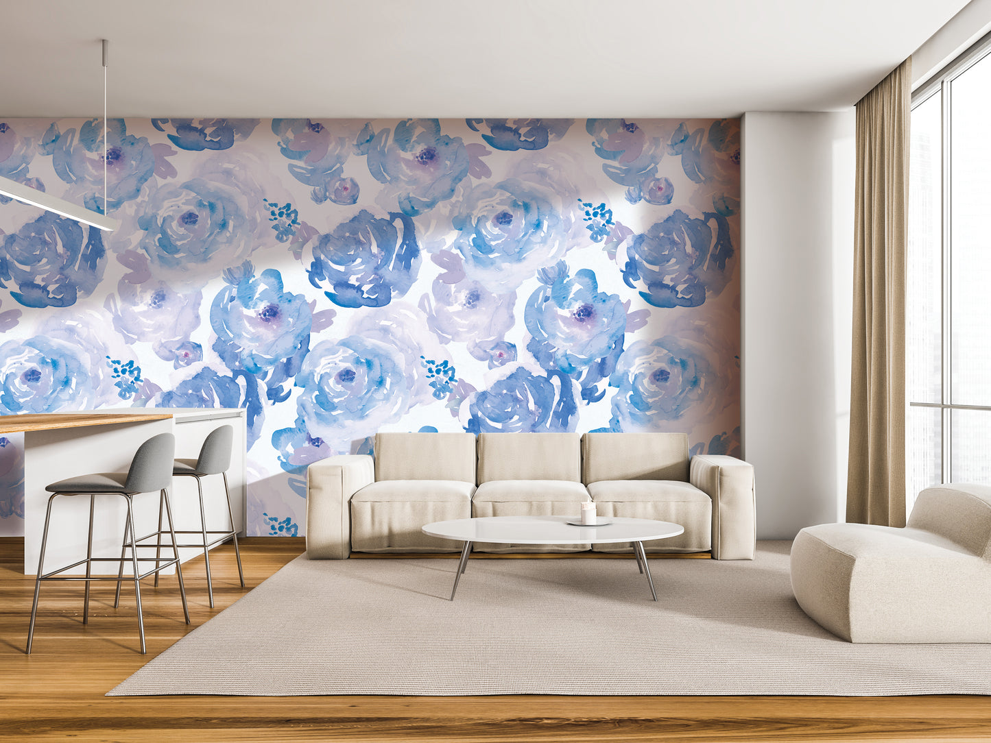 a modern living room with a large blue floral wallpaper on the wall behind a white sofa and a coffee table. The room also includes a dining table with chairs, a rug, and a window.