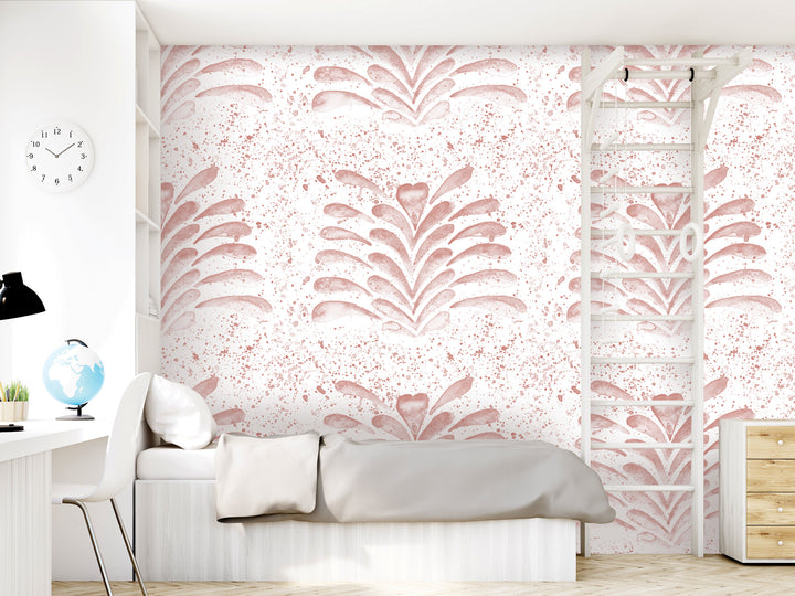 a bedroom with a bed, a ladder, a clock, and a globe on a desk. The walls are covered in a pink and white patterned wallpaper, and the room has a minimalist and modern design.