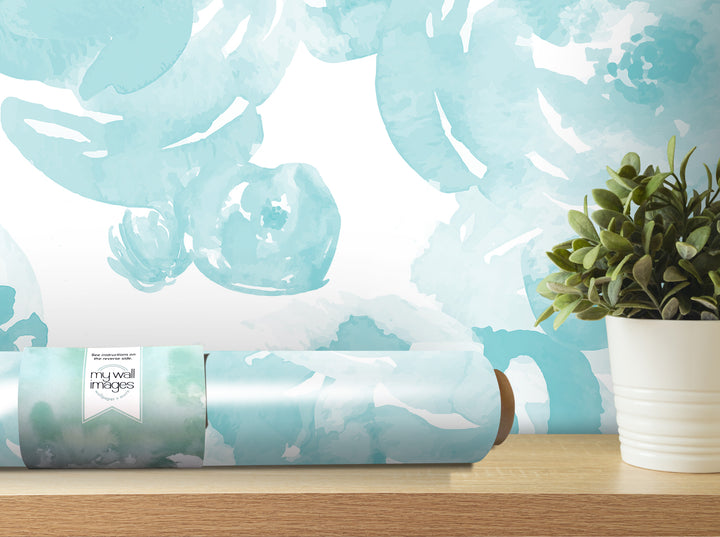 Botanical Wallpaper | Bold Turquoise Watercolor Floral Peel and Stick Mural (MW2195)