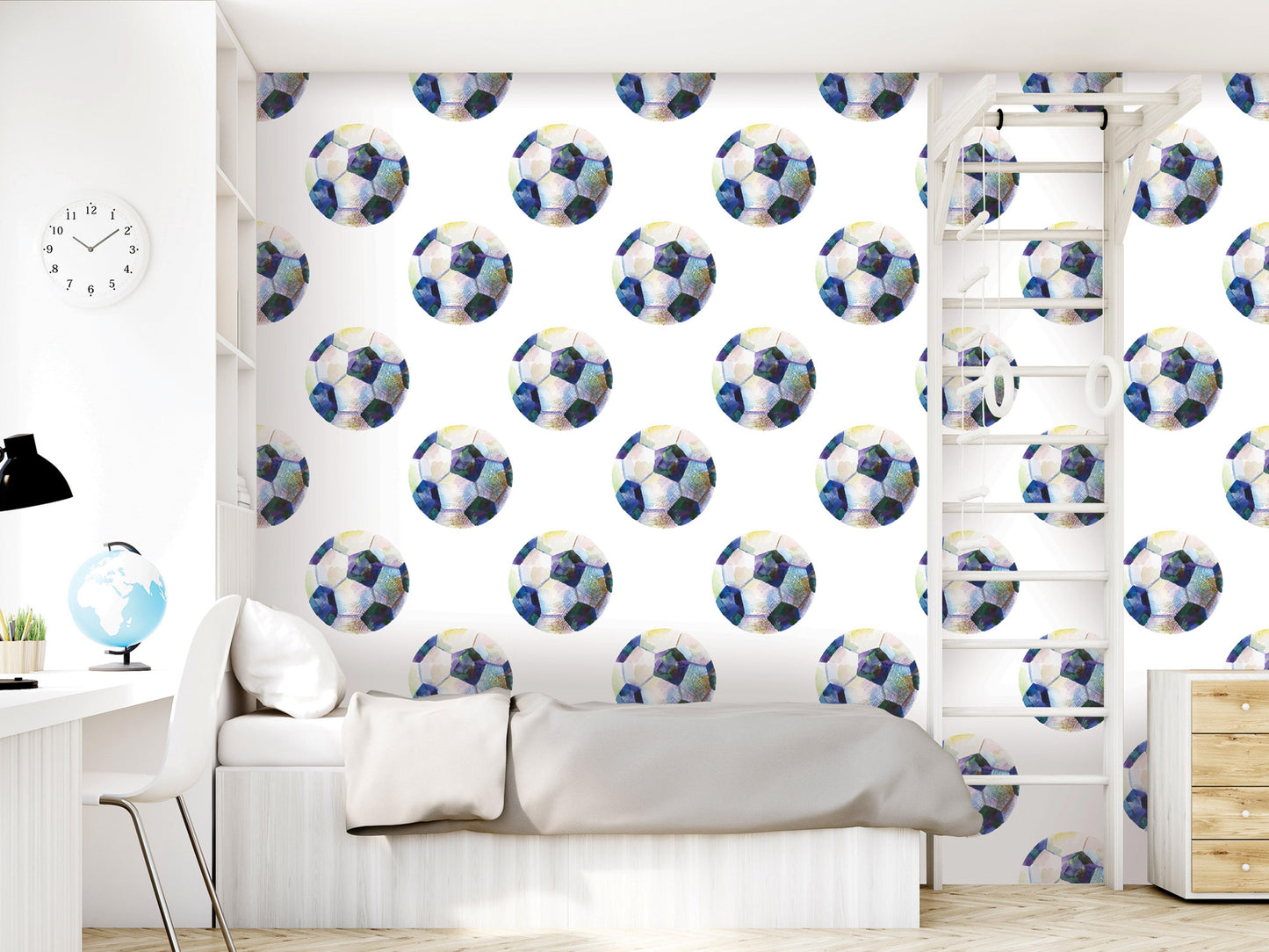 a bedroom with a white bed, a wallpapered wall featuring a repeating pattern of soccer balls, and a clock on the wall.
