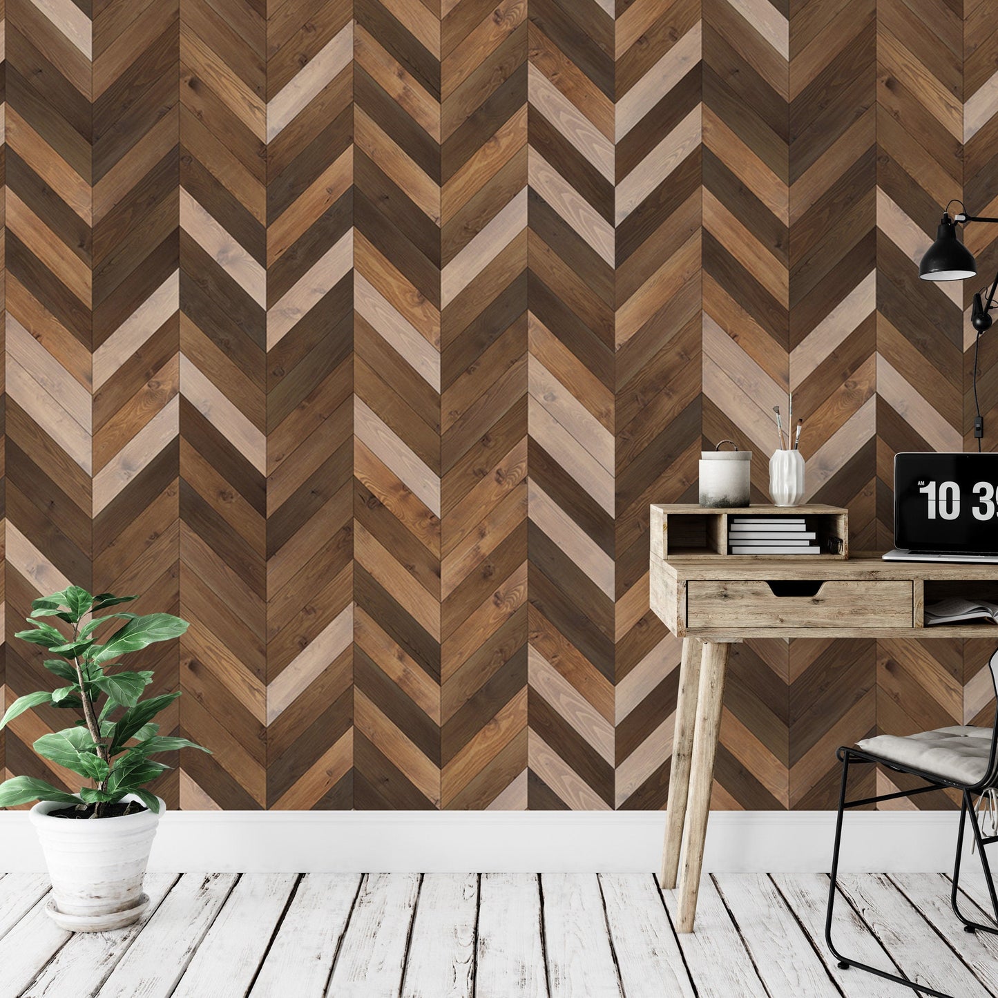 Faux Wood Peel and Stick Wallpaper | Chevron Parquet Texture Mural (MW1622)