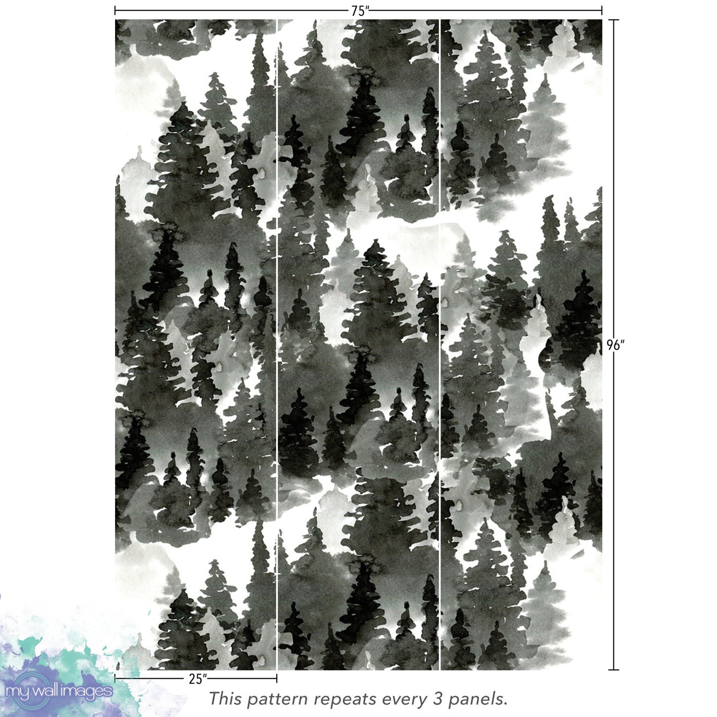 Black and White Forest Mural | Watercolor Trees Peel and Stick Wallpaper (MW1796)