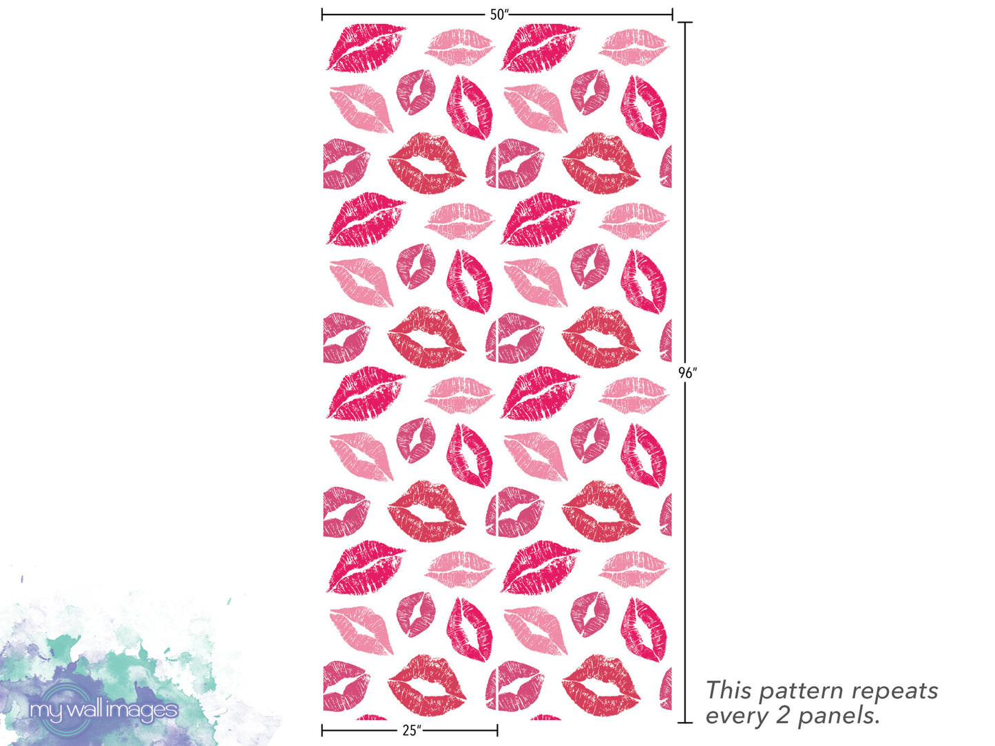 a repeating pattern of pink lips on a white background, with dimensions provided.