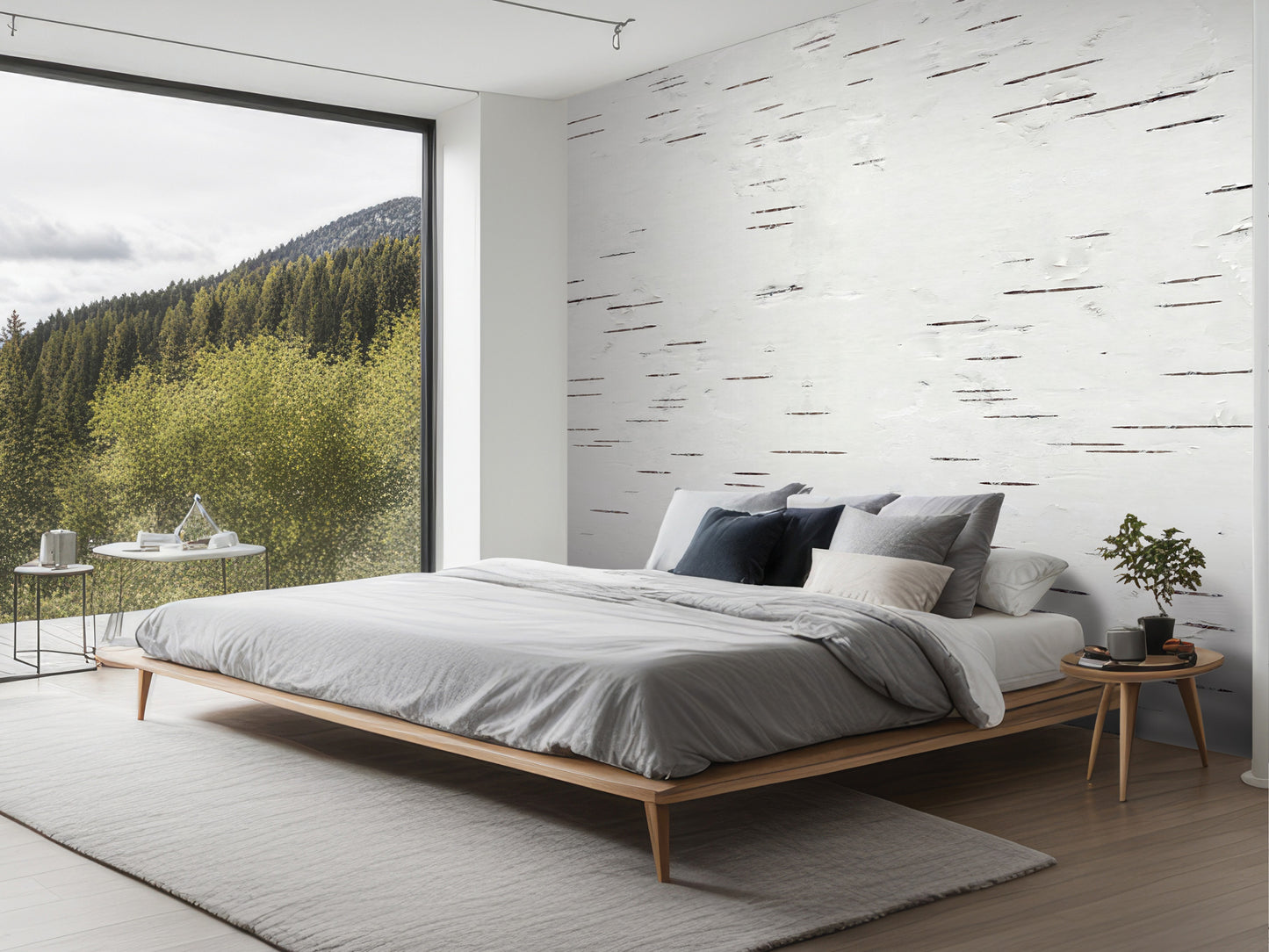 a modern bedroom with a large bed, wooden nightstands, and a large window overlooking a forested area.