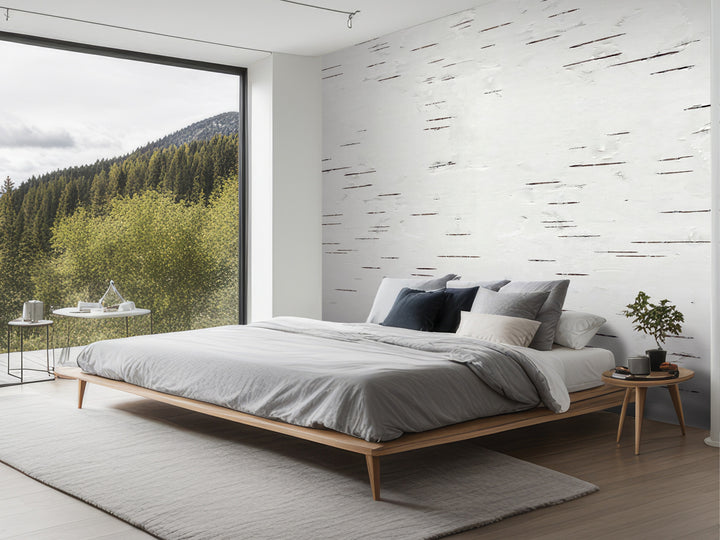 a modern bedroom with a large bed, wooden nightstands, and a large window overlooking a forested area.