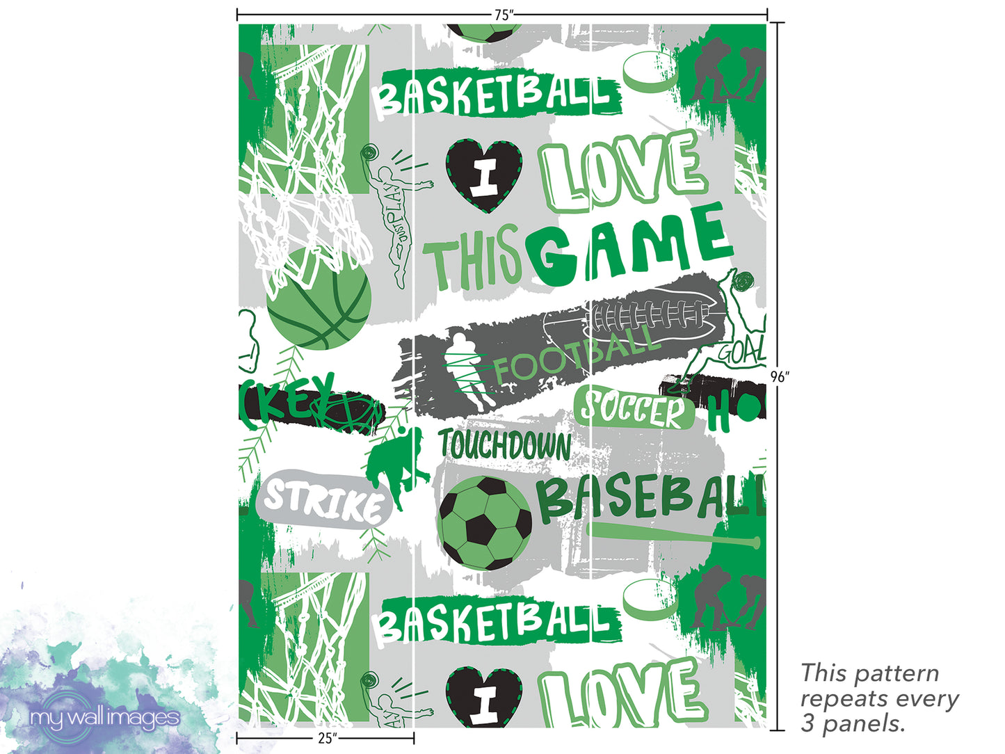 The image is a collage of various sports-related words and phrases, including "BASKETBALL", "I LOVE THIS GAME", "FOOTBALL", "SOCCER", "TOUCHDOWN", "STRIKE", "BASEBALL", and "LOVE". The pattern repeats every 3 panels.
