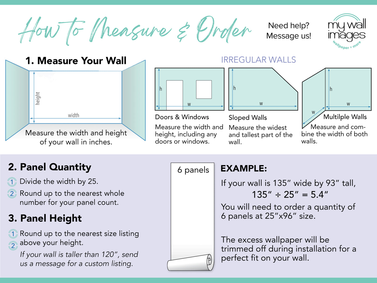 The image is a guide on how to measure and order irregular walls, including doors and windows, and panel height. It provides step-by-step instructions on measuring the width and height of a wall, determining the number of panels needed, and ordering the correct height for the panels.