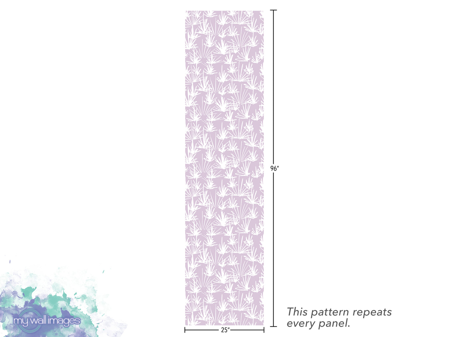 a repeating pattern of white flowers or leaves on a vertical panel. The pattern repeats every panel, and the image is described as a "repeats every panel" and "25" inches tall.