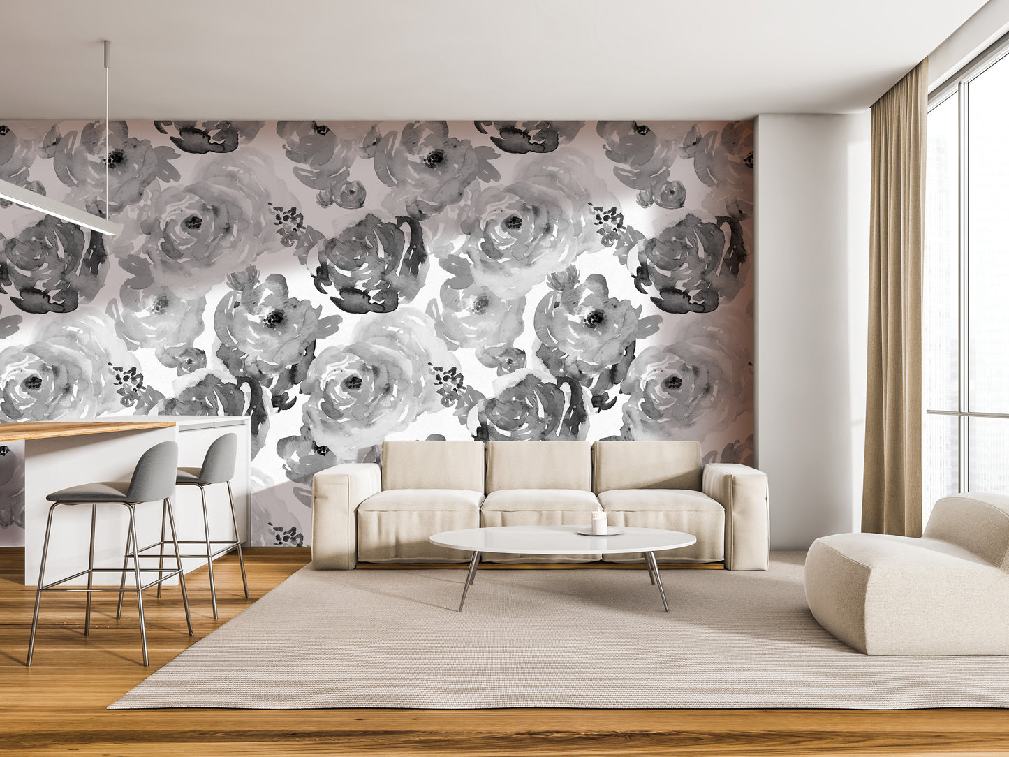 a modern living room with a large floral wallpaper on the wall behind a white sofa and a coffee table. The room also includes a dining area with a bar and stools, and a large window with curtains.