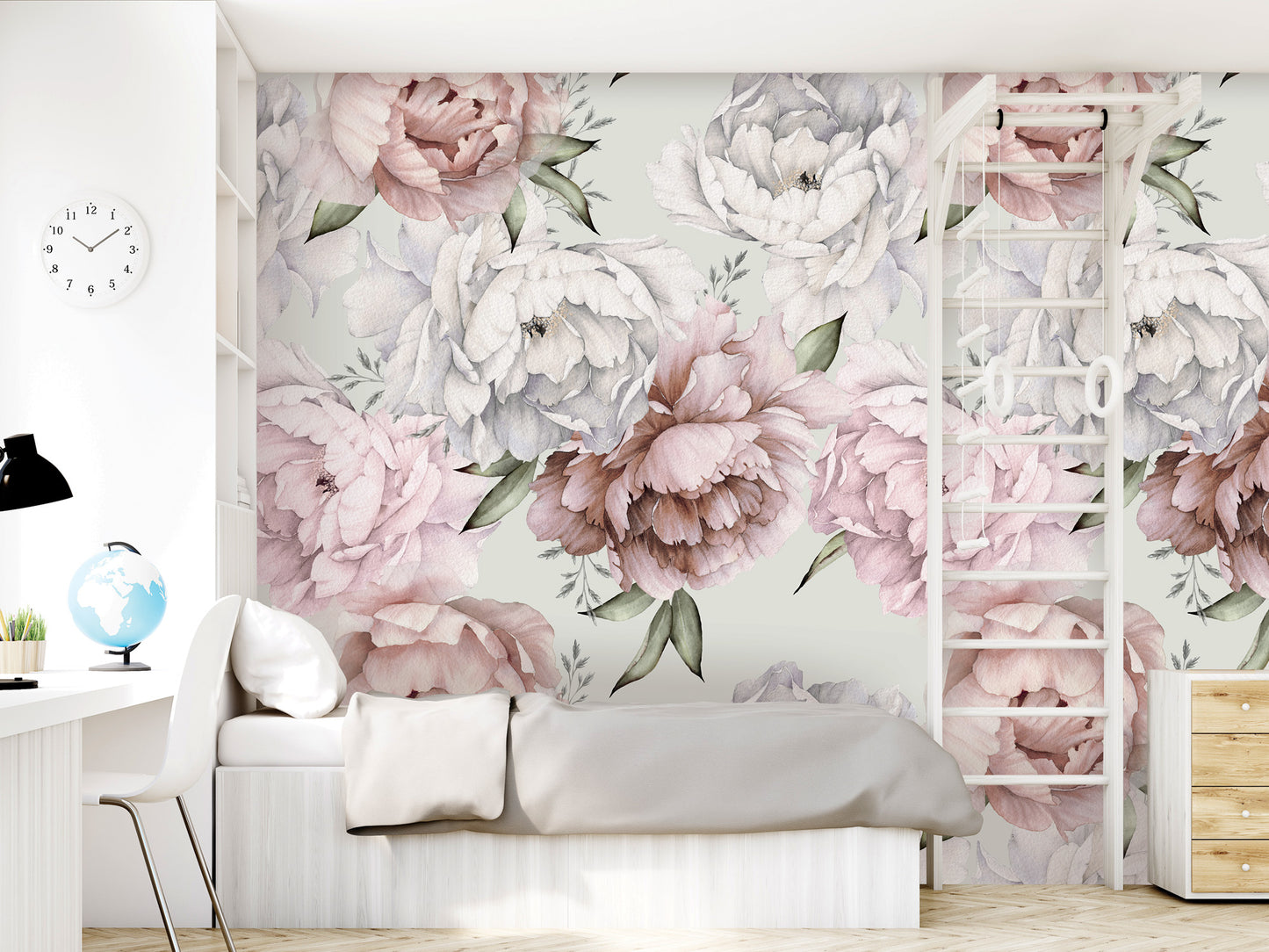 a bedroom with a large floral wallpaper covering the wall behind the bed. The wallpaper has a mix of pink and white flowers, creating a soft and romantic atmosphere. The room also includes a dresser, a clock, and a ladder, contributing to the overall aesthetic and functionality of the space.