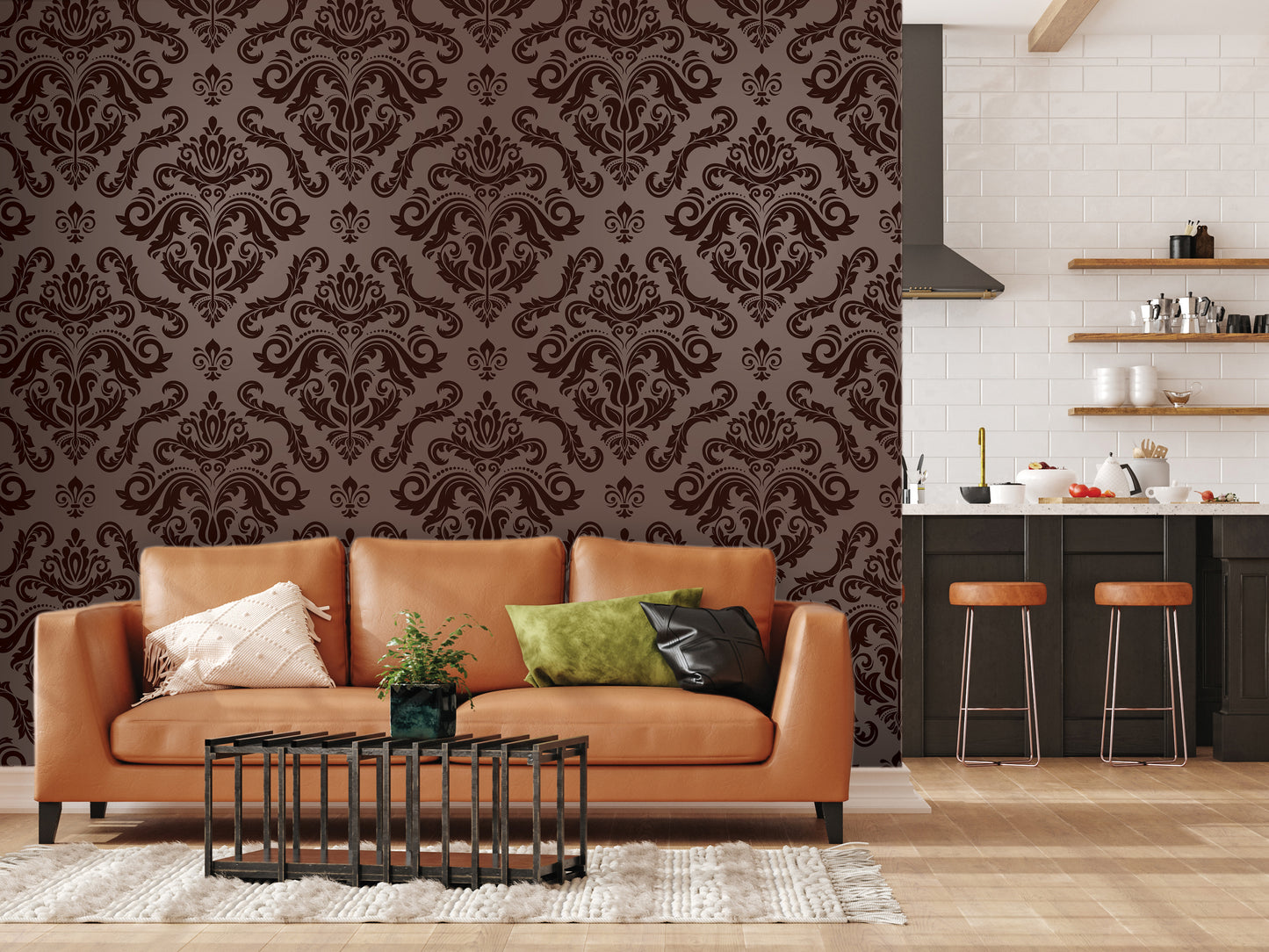 a modern living room with a brown sofa, a black coffee table, and a kitchen area with a counter and stools. The walls are decorated with a brown and black damask pattern, and the room has a neutral color palette with pops of green and brown accents.