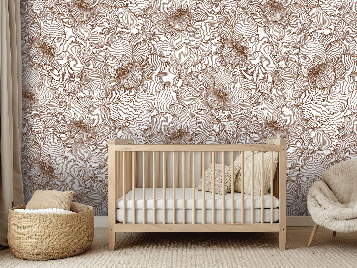 a nursery room with a wooden crib, a woven basket, and a plush chair. The walls are covered in a floral wallpaper pattern in shades of brown and beige.