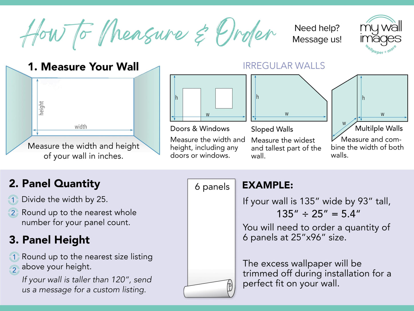 The image is a guide on how to measure and order irregular walls, including doors and windows, and panel height. It provides step-by-step instructions on measuring the width and height of a wall, determining the number of panels needed, and ordering the correct height for the panels.