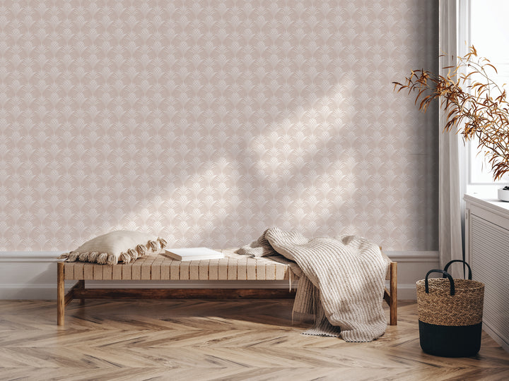 a cozy corner with a bench, a woven basket, and a plant, all set against a patterned wallpaper.