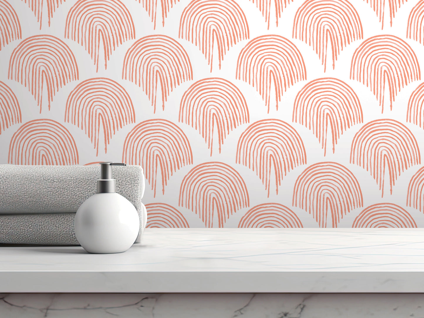 a white countertop with a white soap dispenser and a gray towel. The towel is neatly folded and placed on the countertop. The background of the image is a white wall with a repeating pattern of orange and red circles, creating a visually striking and modern design.