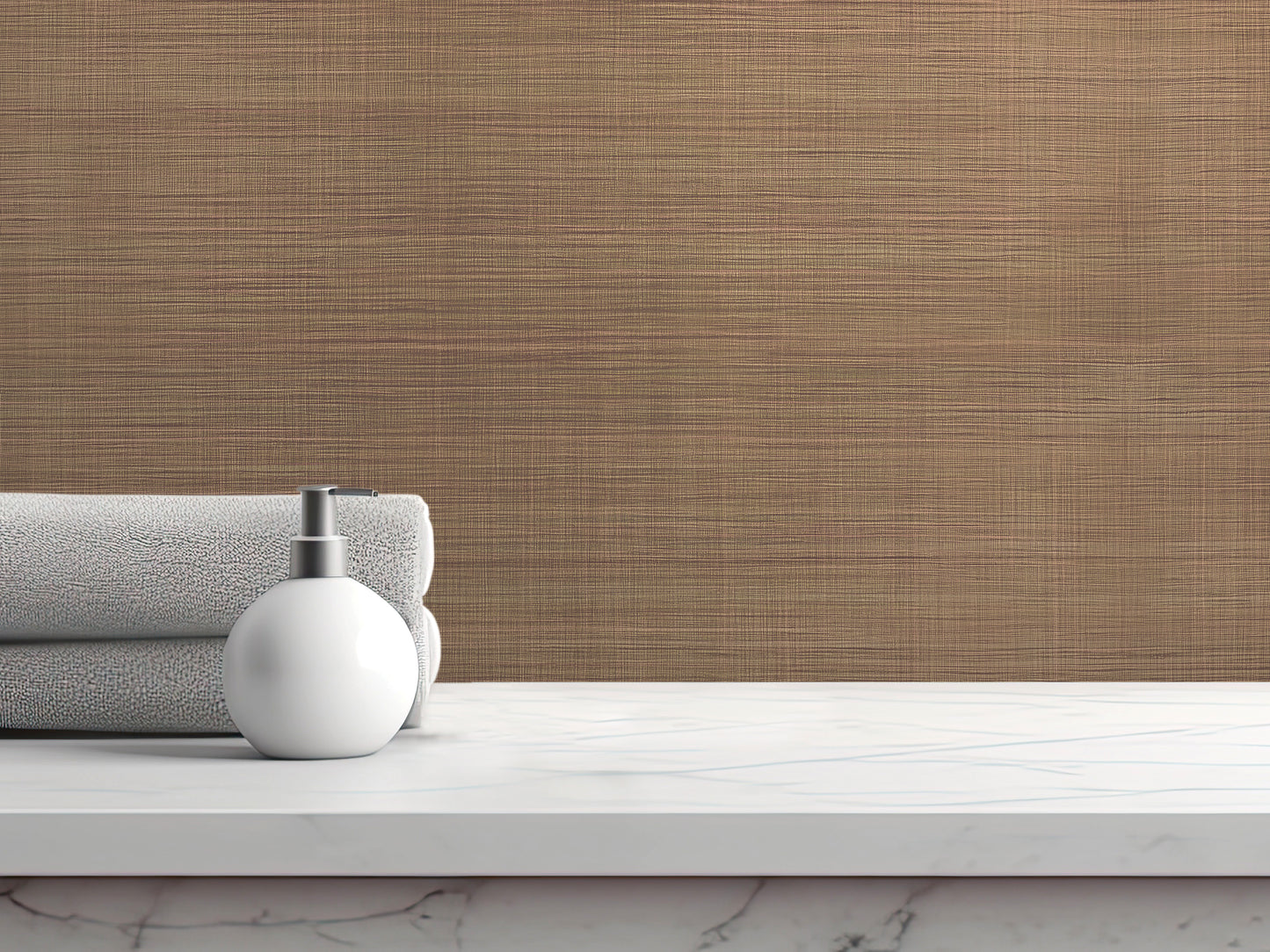A white soap dispenser sits on a white marble countertop, with a rolled-up gray towel and a wooden-textured wall in the background.
