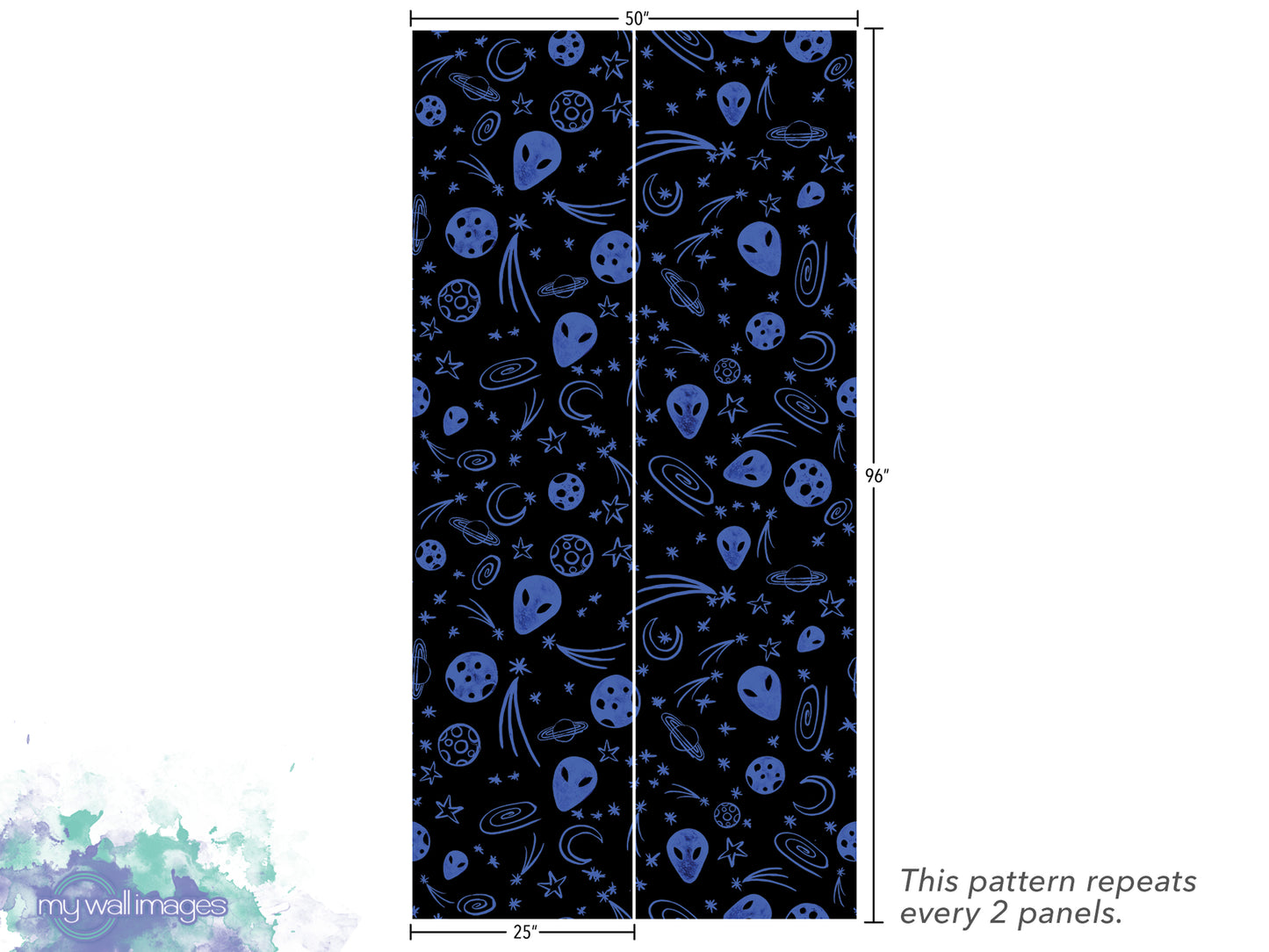 a repeating pattern of blue alien and space-themed elements on a black background, with the pattern repeating every 2 panels.