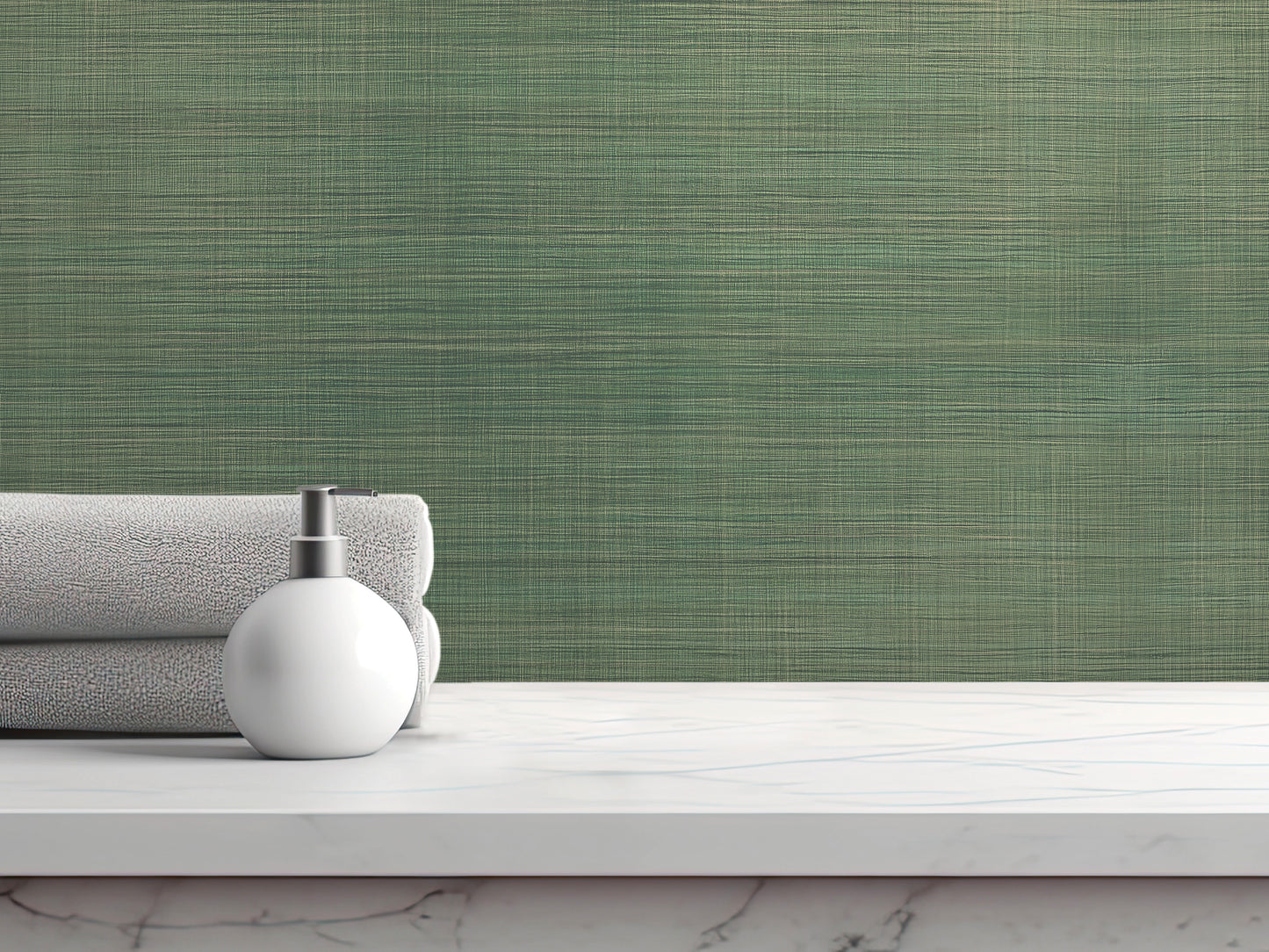 A white soap dispenser sits on a white countertop, with a stack of folded towels and a green textured wall in the background.
