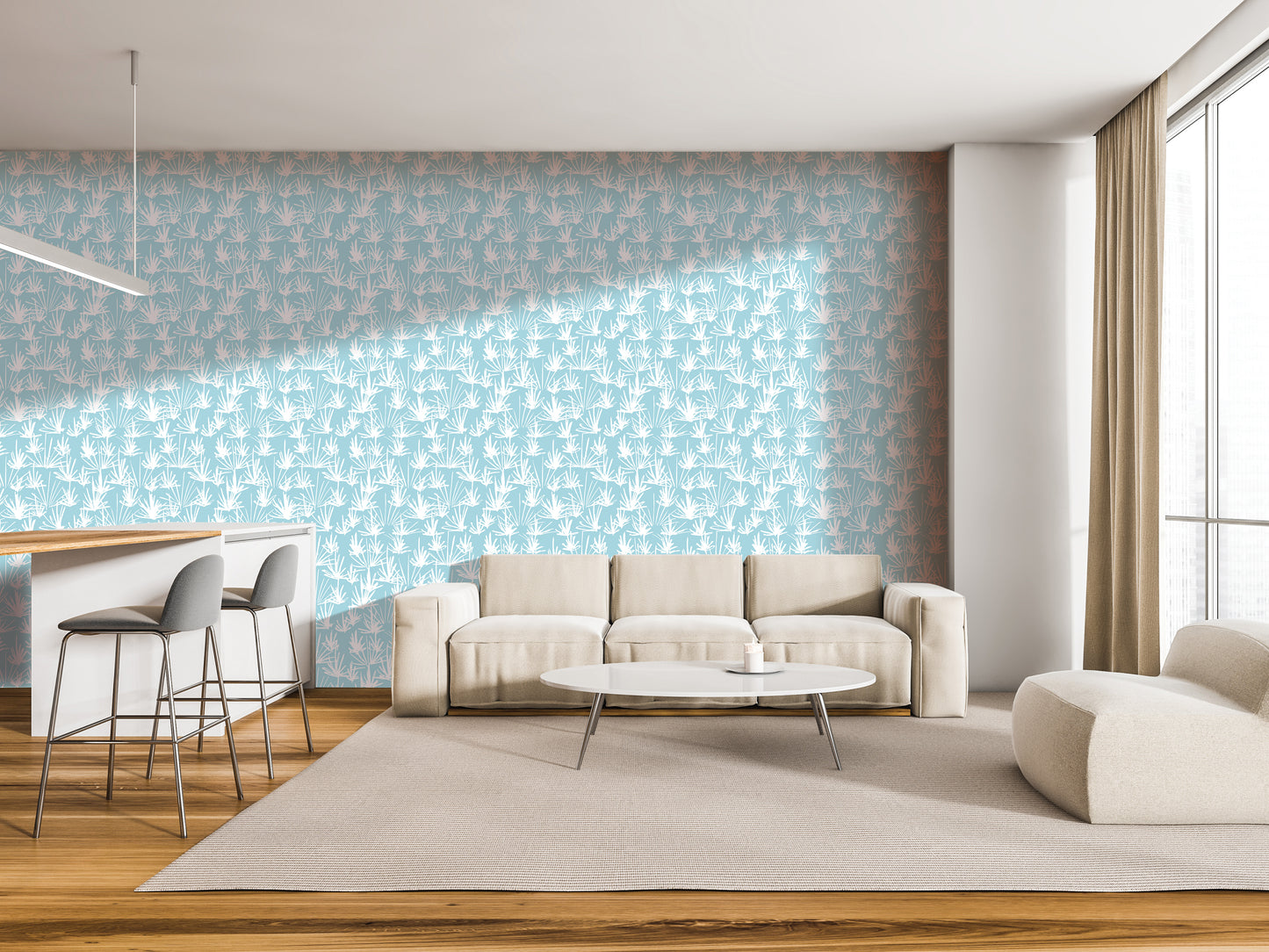 a modern living room with a large window, a white sofa, a round coffee table, and a barstool. The walls are covered in a patterned wallpaper, and the room has a minimalist and clean design.