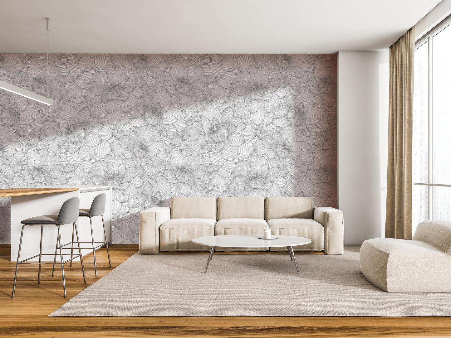 a modern living room with a large floral wallpaper on the wall, a white sofa, a round coffee table, and a barstool.