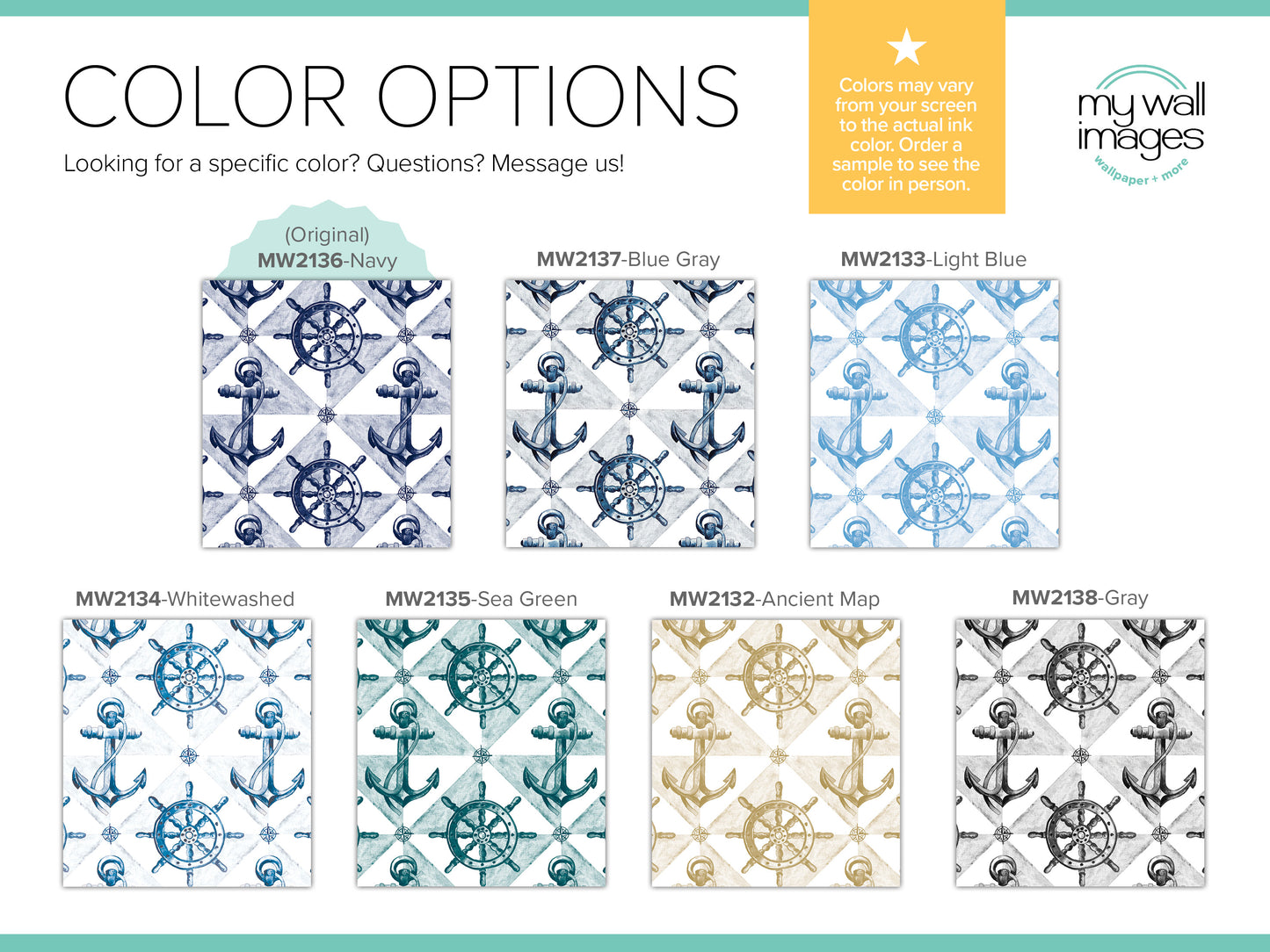 The image is a color options guide for nautical-themed wall art. It displays various nautical-inspired patterns in different colors, including navy blue, light blue, gray, white, and gold. The guide provides a color chart and instructions for selecting the appropriate color based on personal preferences and the desired effect.