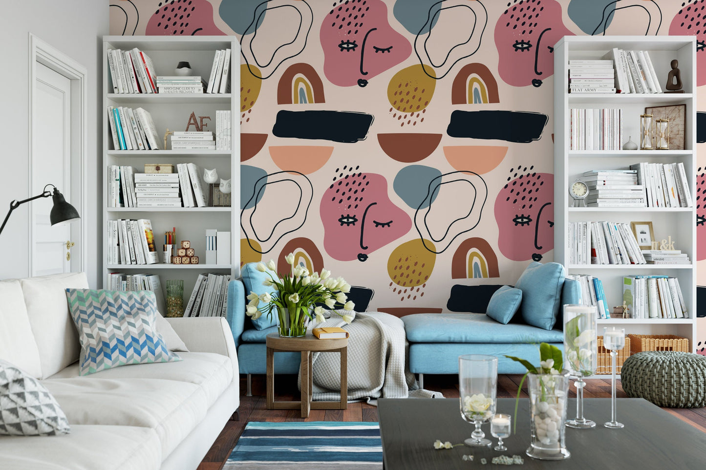 Abstract Artsy Faces Peel and Stick Wallpaper | Pink Modern Mural (MW1491)
