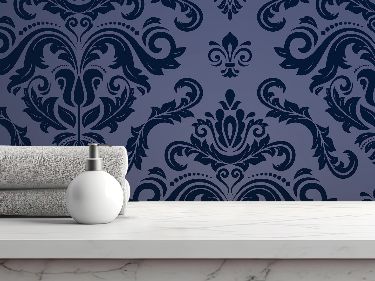 a white bottle on a marble countertop, with a decorative blue and white patterned wallpaper in the background.
