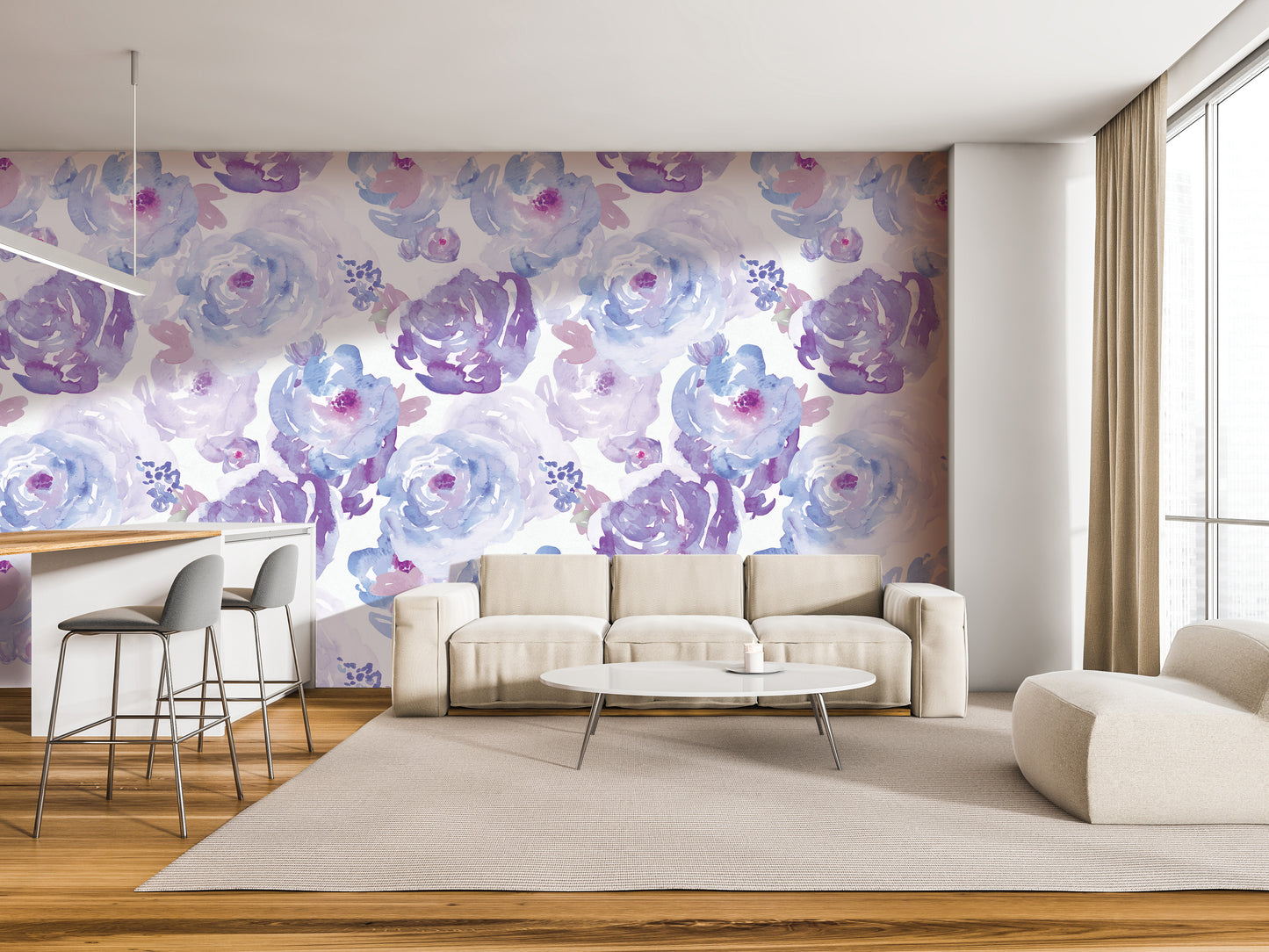 a modern living room with a large floral wallpaper covering the wall behind the sofa. The sofa is positioned in front of a coffee table, and there are two chairs placed nearby. The room has a clean, minimalist design with white furniture and a neutral color palette.