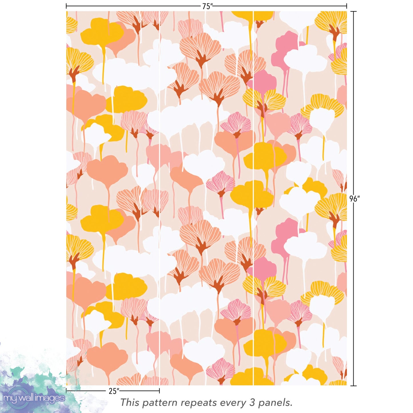 Modern Floral Mural | Pink White Gold Botanical Peel and Stick Wallpaper (MW1375)