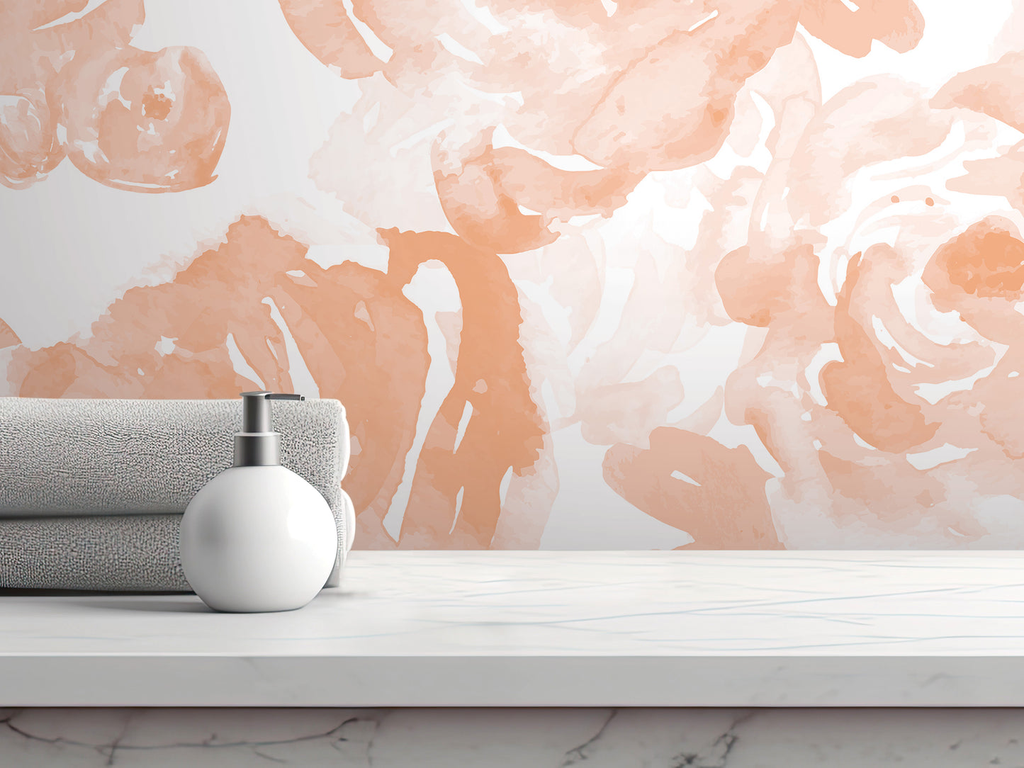 a white shelf with a white soap dispenser and a gray towel, set against a vibrant, abstract floral wallpaper.