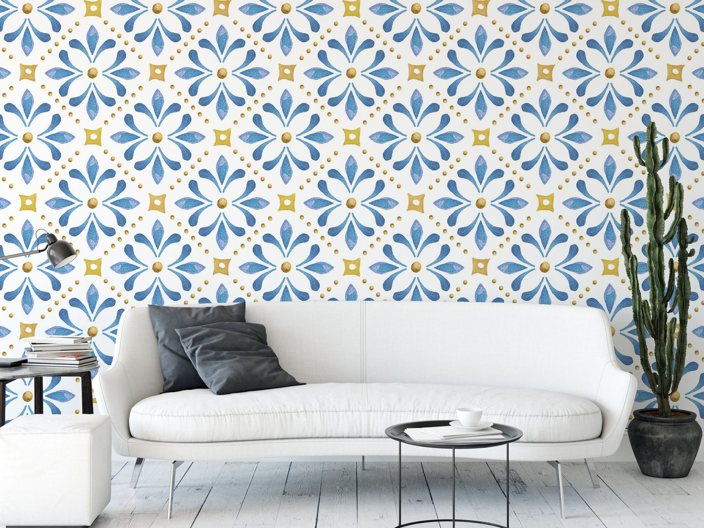 Folk Art Blue Tile Wallpaper | Blue and Gold Floral Peel and Stick (MW1600)