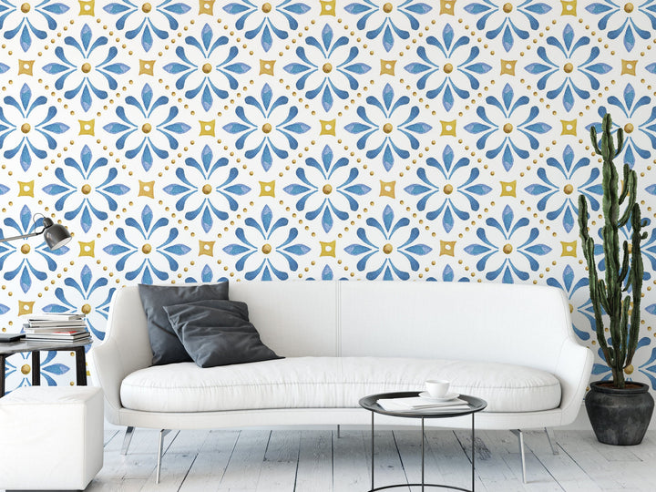 Folk Art Blue Tile Wallpaper | Blue and Gold Floral Peel and Stick (MW1600)