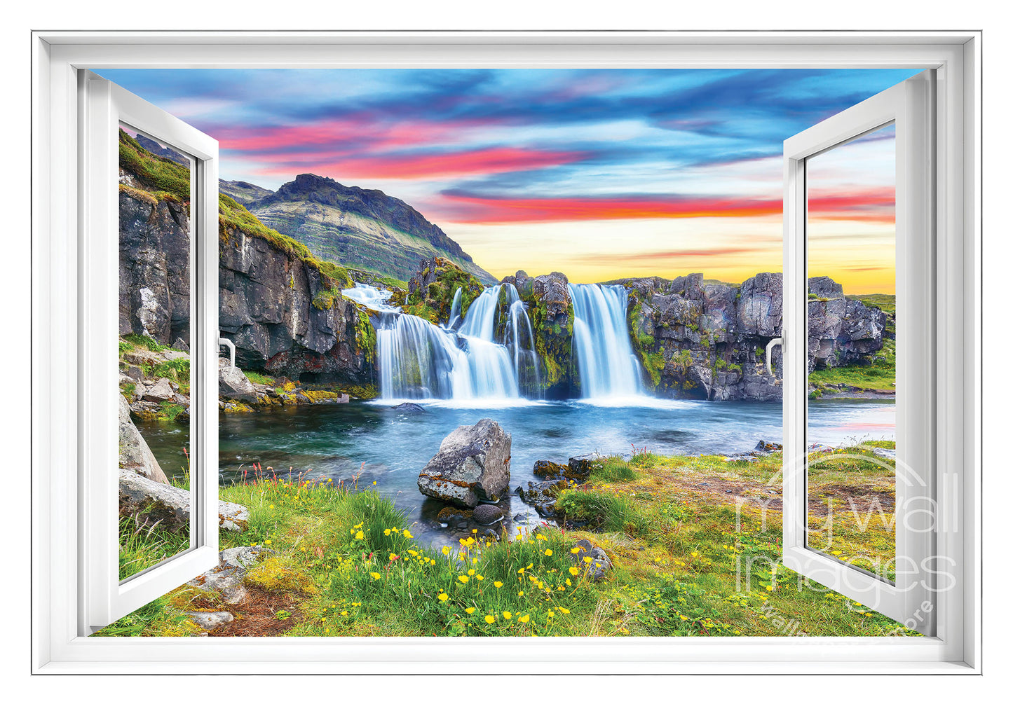 a serene landscape with a waterfall cascading down a rocky cliff, surrounded by lush greenery and vibrant flowers. The sky above is a stunning canvas of pink and orange hues, creating a breathtaking backdrop for the natural scene. The image is framed by two open white windows, offering a captivating view of the waterfall and the surrounding landscape.