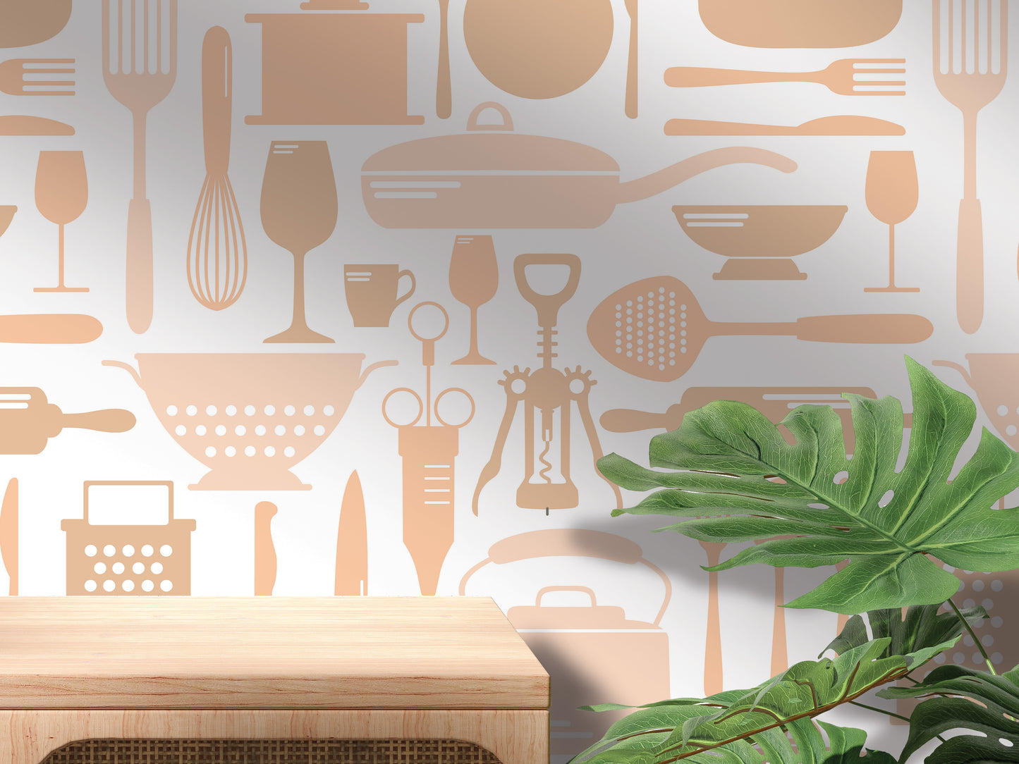 a kitchen wall with utensils and a potted plant