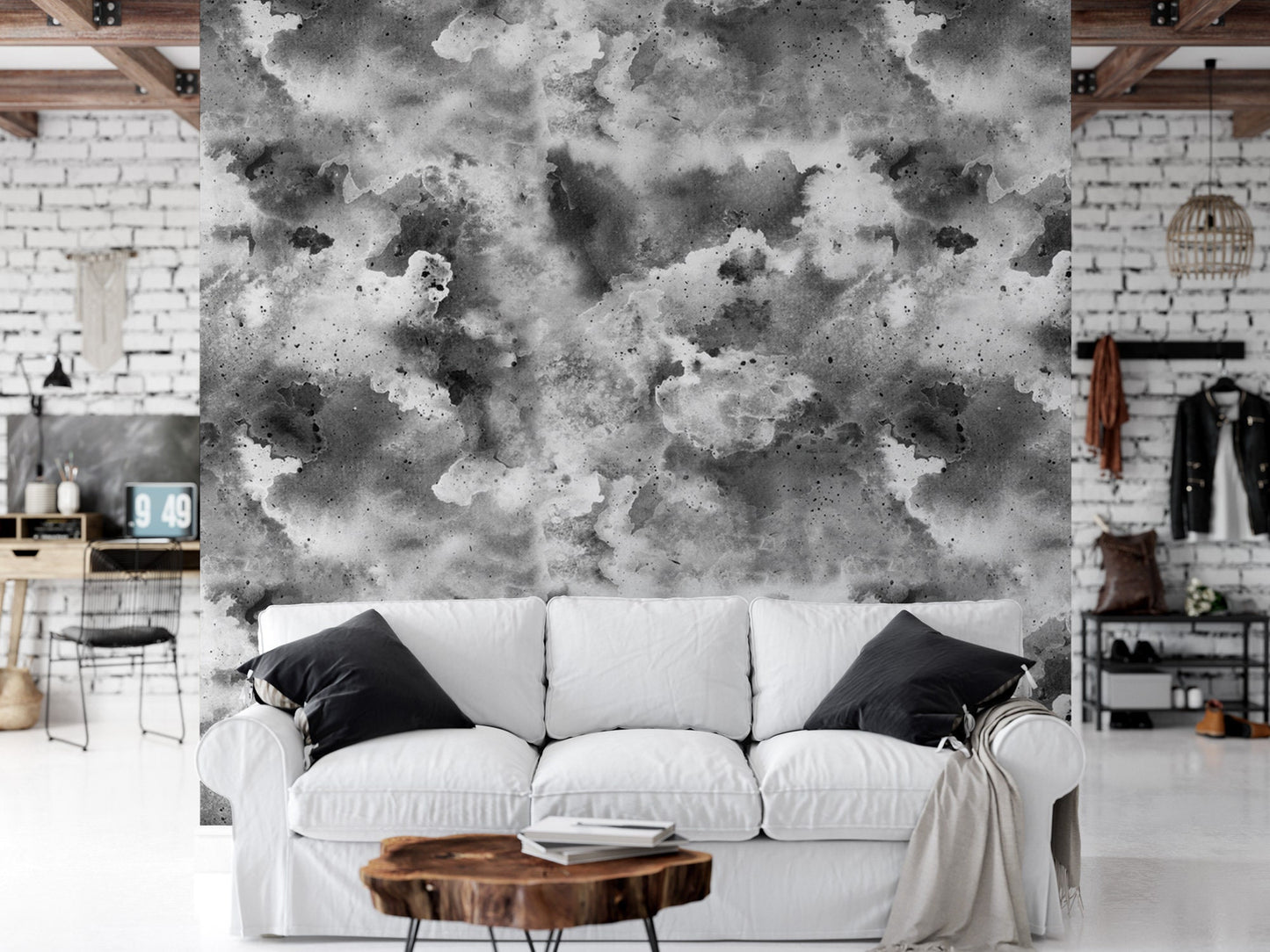 Black and White Modern Mural | Inky Watercolor Galaxy Peel and Stick Wallpaper (MW1837)