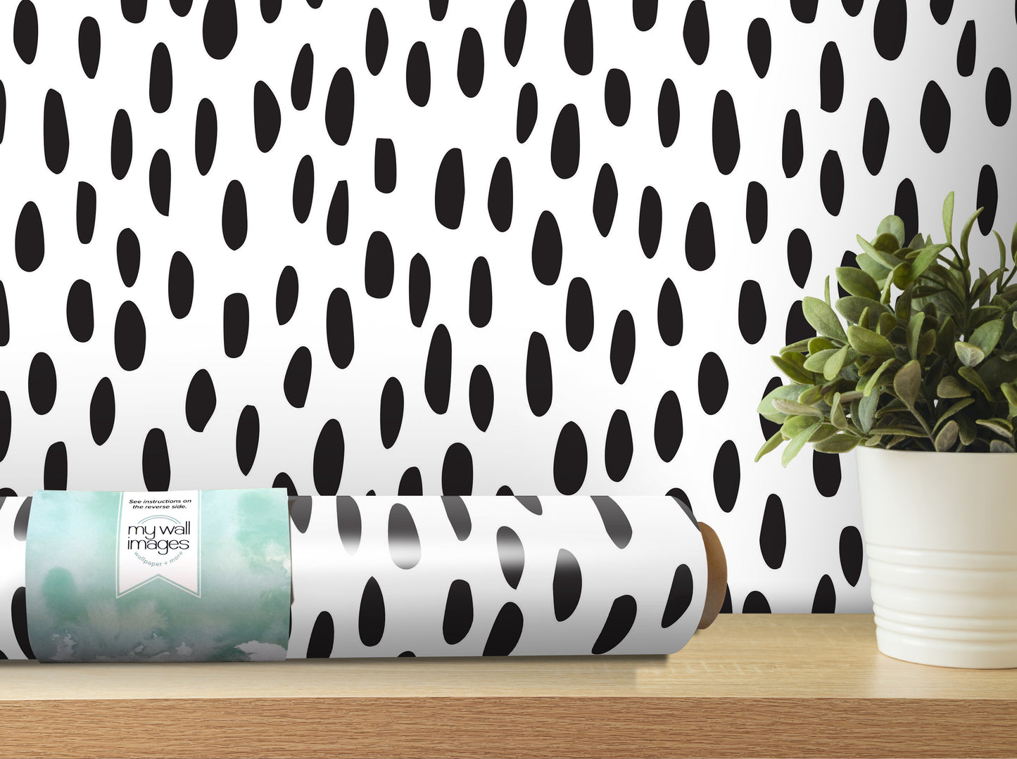 a black and white polka dot pattern on a wall, with a roll of wallpaper or paper with a polka dot pattern on a shelf next to a potted plant.