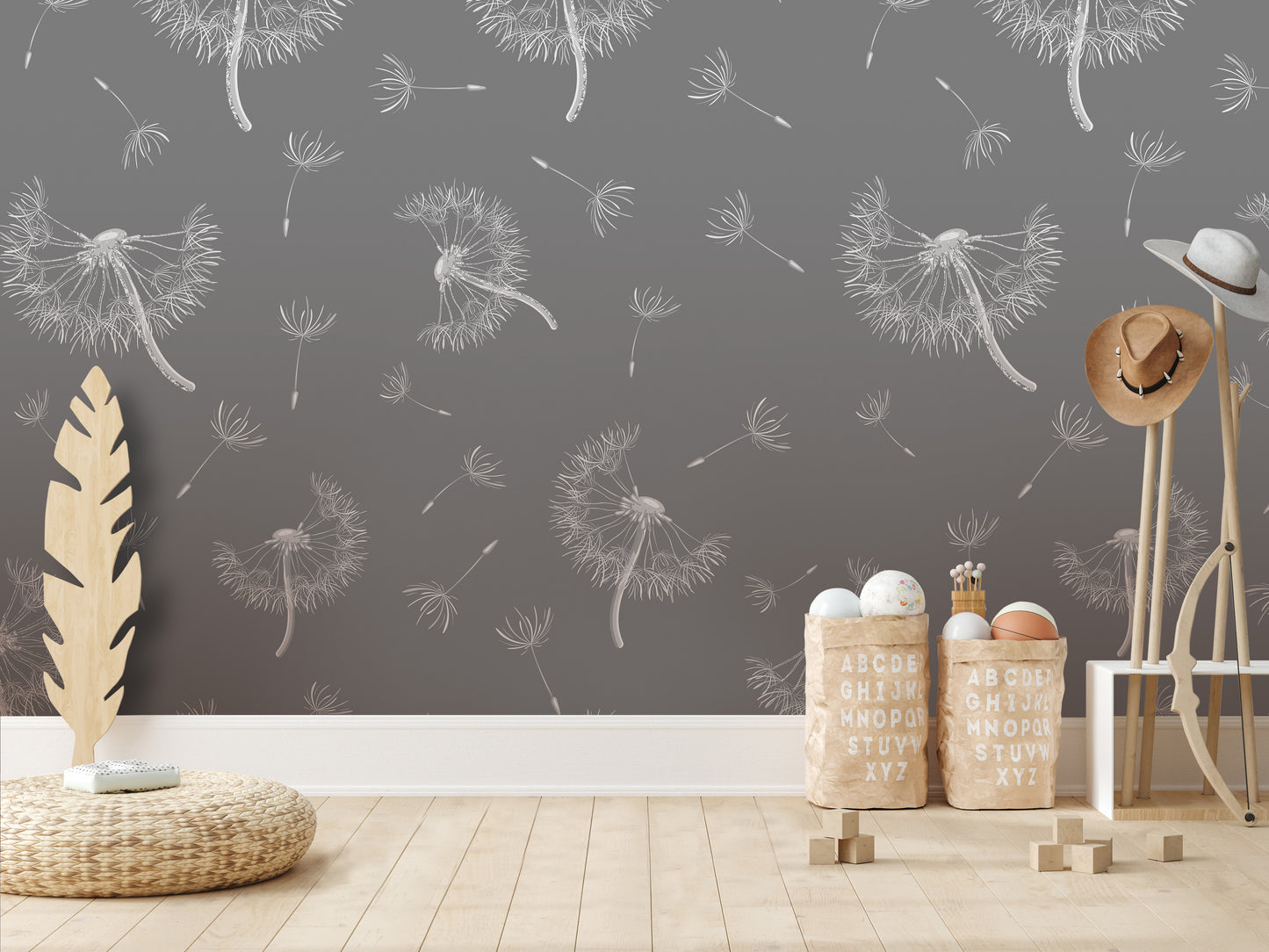 a wallpapered wall with a repeating pattern of dandelions, along with a wooden shelf displaying various items such as a hat, baskets, and a feather.