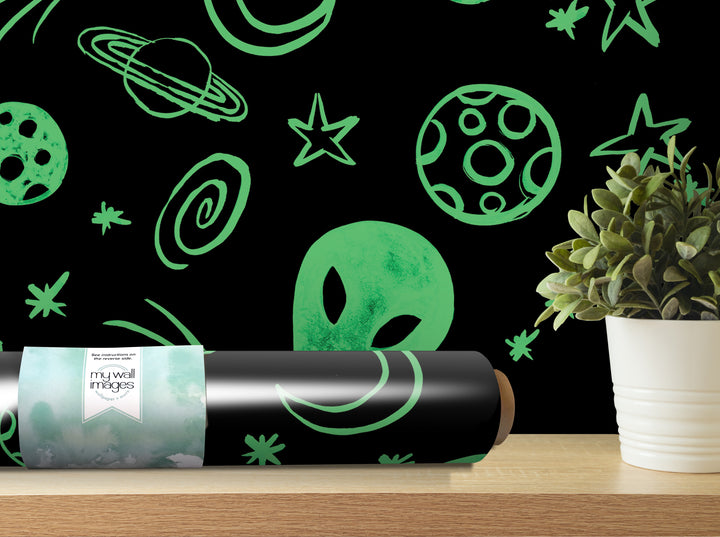 a black roller with a green alien face design on it, placed on a wooden shelf next to a potted plant.