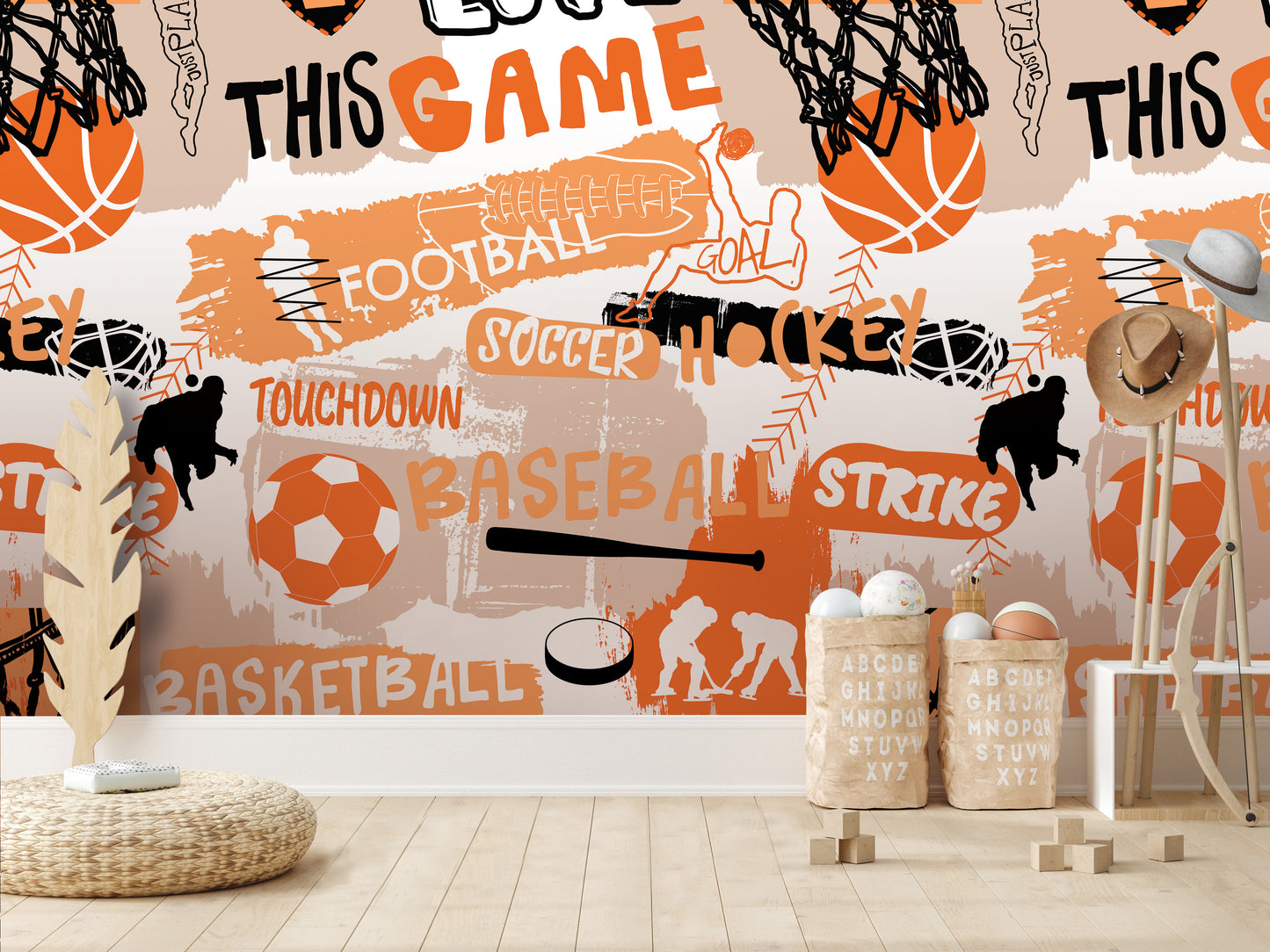 a wall with a collage of various sports-related images, including basketball, soccer, hockey, and baseball, along with the words "TOUCHDOWN", "BASEBALL", and "SOCcer". There are also some baskets and a clock visible in the foreground.